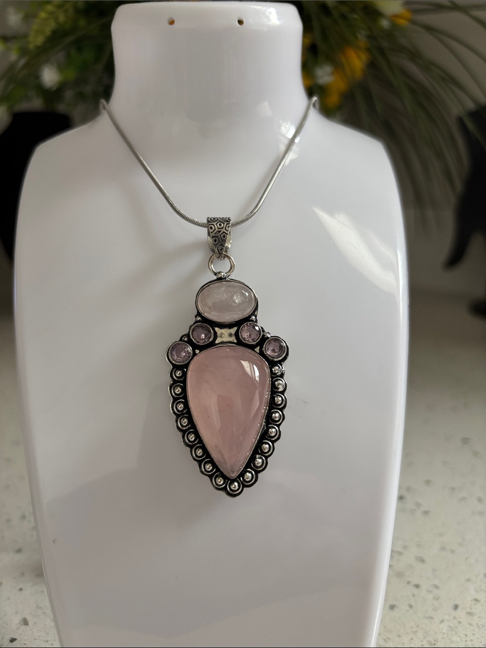 Rose Quartz & Amethyst Gemstone Ethnic Handmade Pendant Necklace